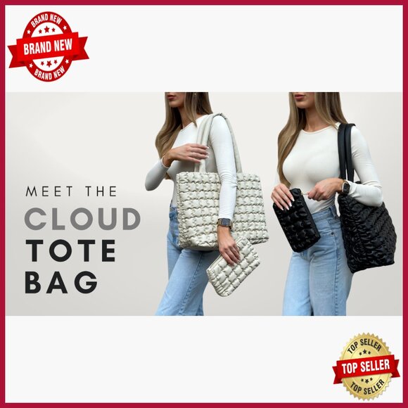 Large Puffer Tote Bag with Insert Pouch, Quilted Polyester, 8 Pockets - Picture 7 of 7